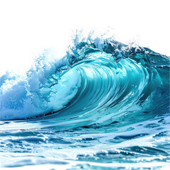 A translucent turquoise wave cresting with white foam against a transparent backdrop