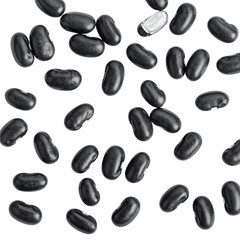 Overhead shot of scattered glossy black beans on a stark black background, some slightly out of focus