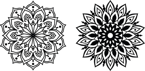 Geometric mandala vector, intricate symmetrical pattern, black line art