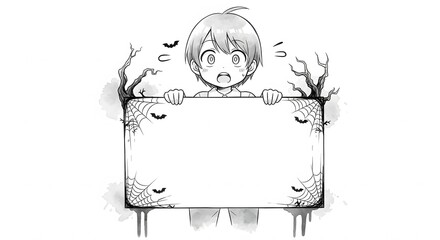 A startled cartoon boy holds a Halloween-themed blank sign, decorated with bats and spiderwebs.