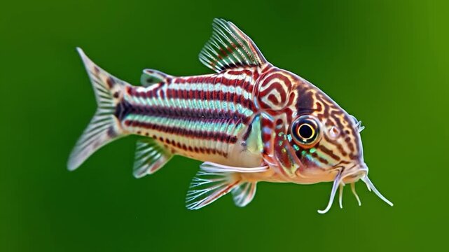 Striped Corydoras Catfish Swimming in Water with Green Background