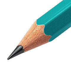 Close-up of a teal pencil tip, showing wood grain and graphite point, against a black background