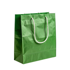 A green paper shopping bag with white cord handles, isolated on a black background