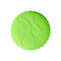Bright green, crumpled circular shape against a black background with textured edges