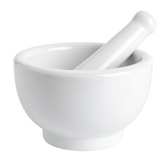A white ceramic mortar and pestle set, angled slightly, against a black background