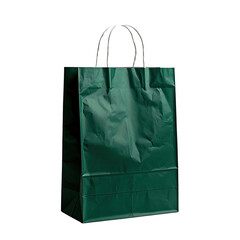 A dark green, crumpled paper shopping bag with white rope handles on a black background