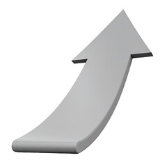 A 3D-rendered, gray, curved arrow pointing upwards against a stark black background