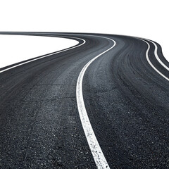 A winding road with white lines disappears into the distance against a black background