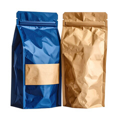 Two pouches, one blue and shiny, the other brown and crinkled, both standing upright