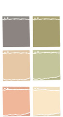 Six Pastel Torn Paper Notes with Decorative Top Edge and Rounded Corners Colorful papers sheets Collections of stick notes with shadow , ready for your message.  Isolated on white background , Post no