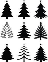 Black pine tree silhouettes with stars christmas tree