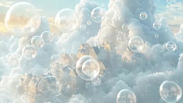 Magical village floating in clouds with glowing windows and soap bubbles at sunset