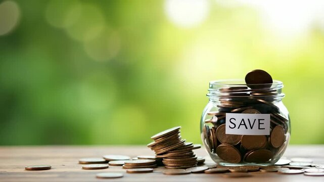 Glass jar full of coins labeled 'SAVE' on wooden table with scattered coins, green blurry background. Symbol of financial savings, investment, and money management, photographed in natural light.