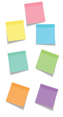 Assorted Pastel Sticky Notes: Pink, Yellow, Blue, Green, Orange, and Purple Colorful papers sheets Collections of stick notes with shadow , ready for your message.  Isolated on white background , Post