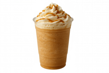 Iced blended coffee beverage topped with sweet creamy whipped cream and drizzled caramel, refreshing and indulgent. Transparent background