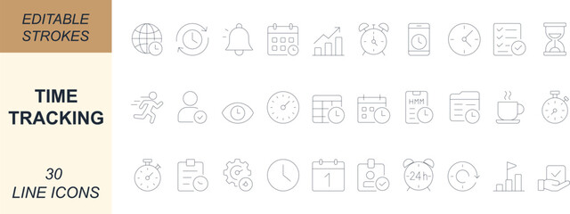 
Minimal line art time tracking icon set with clock, stopwatch, calendar, timer, schedule, deadline and productivity symbols. Editable  for easy customization. Perfect for UI, app, web, business.