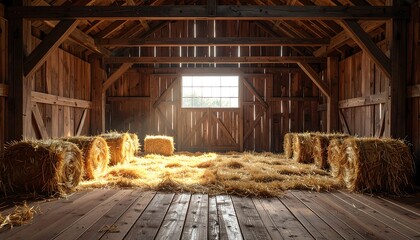 Interior view of a wooden barn filled with hay bales and light