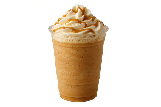 Iced blended coffee beverage topped with sweet creamy whipped cream and drizzled caramel, refreshing and indulgent. Transparent background