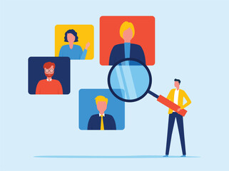 business searching people profile for job hiring. with a businessman standing holding a magnifying glass. flat vector illustration concept
