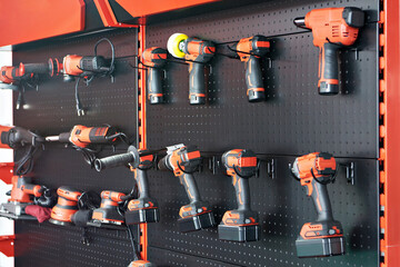 Hand tool: screwdriver, drill, angle grinder on stand shop