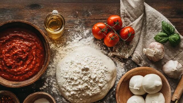 Pizza's Essence: A rustic tableau showcases the essential elements of pizza-making: dough, sauce, fresh ingredients, inviting viewers to savor the culinary journey.