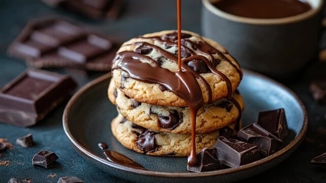 Indulge delight of freshly made homemade cookies, adorned with a delectable melted chocolate drizzle, that perfectly complement a rich cup of coffee, making for a fantastic treat any time of the day - Powered by Adobe