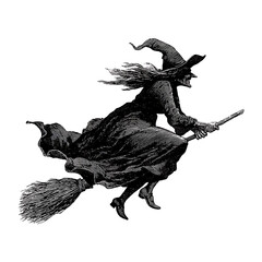 Vintage illustration of a witch flying on a broomstick, isolated on transparent background
