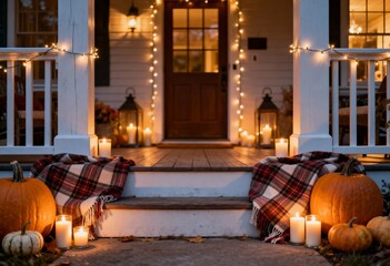 Obraz premium Cozy farmhouse porch with candles and string lights at dusk