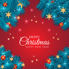 Realistic christmas background and rad ball leaf with snow and christmas light