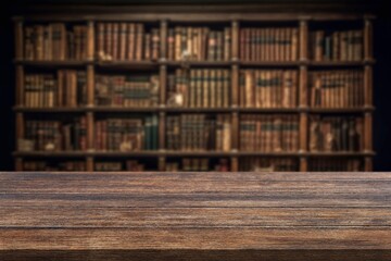 empty wooden desk top at library background