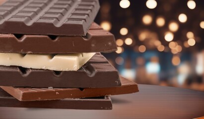 Tasty sweet Chocolate bar pieces on desk