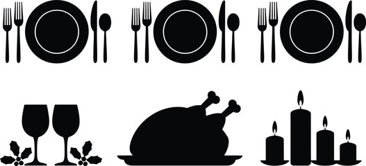 Dinner setting with turkey and candles vector silhouette