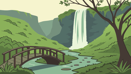 tranquil view of seljlandsfoss waterfall in ice land,cascading behind a wooden bridge amid lush green scenery.