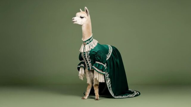 Alpaca in Regal Green Attire with Lace Details against Solid Green Backdrop, Elegant Portrait with Pixelated Texture and Vintage Inspired Outfit