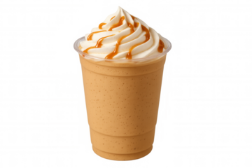 Caramel coffee frappe drink with whipped cream, cold beverage in a plastic cup, refreshing sweet dessert