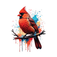 Vector of vibrant watercolor-style Northern Cardinal painting perched on a branch, bursting with colorful paint splatter and dripping effects. Birds.