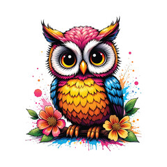 Vector of adorable, large-eyed owl in bright, vibrant colors with paint splatters, perched on a branch with colorful flowers.