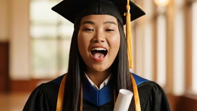 A graduate in cap and gown holding diploma with an excited expression