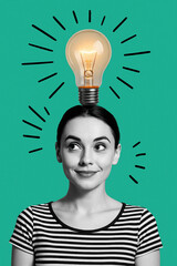 Bright Idea Concept – Woman with Light Bulb Above Head