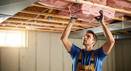 Man installing insulation material in ceiling for home thermal protection. Home insulation project shows worker adding pink fiberglass insulation between ceiling beams for energy efficiency.