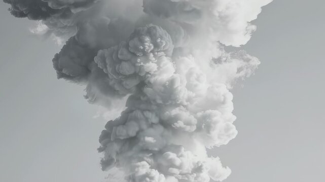 A grayscale image of a swirling cloud formation, a stylized plume rising against a pale backdrop