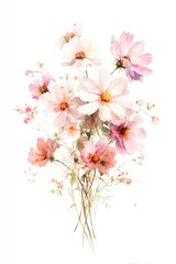 A delicate watercolor illustration of a bouquet featuring various pastel-colored flowers, showcasing their intricate details and soft beauty.