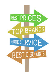 Multi-colored direction signs for best prices, top brands, discounts, good service, retail marketing vector, shopping choice illustration