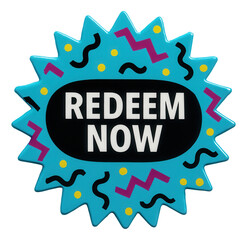 Fototapeta premium Colorful burst sticker with REDEEM NOW discount in bold text, vibrant retail promo offer on transparent background.