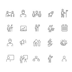 Business teamwork and leadership line icons collection