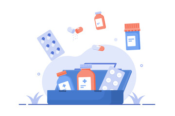 Illustration of an open first aid kit filled with medicine bottles and blister packs, with additional pills and bottles floating above, symbolizing medical supplies or active treatment.