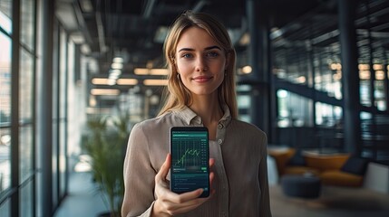 Confident businesswoman holding a smartphone with cryptocurrency trading app interface, stylish office in the background, futuristic financial concept perfect for digital finance, crypto investment