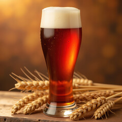 Rich amber beer in tall glass, surrounded by golden wheat stalks, evokes warmth and comfort