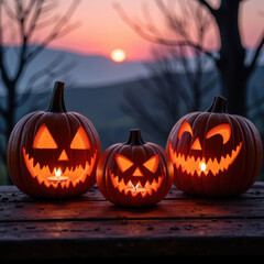 Spooky Halloween pumpkins with carved faces glowing at sunset create festive atmosphere