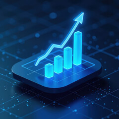 Glowing blue graph with upward trend represents growth and success in data analysis. sleek design emphasizes modern technology and innovation